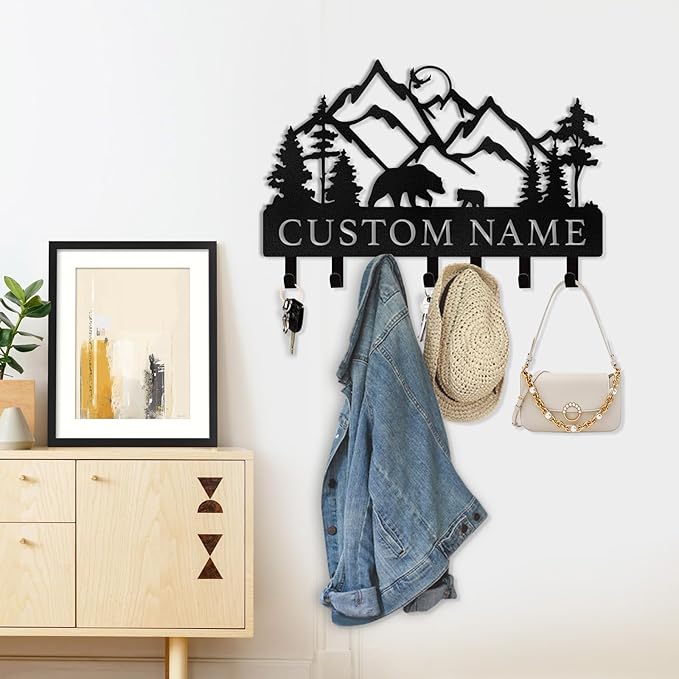 Kotagi Personalized Key Holder for Wall - Custom Name Metal Black Bear Coat Hook Key Holder Wall Mount, Key Hooks on Wall, Key Rack Hanger Organizer for Entryway, Front Door, Hallway, Home Decor