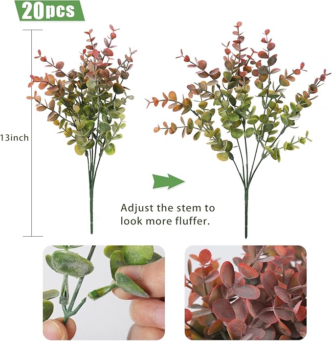 RECUTMS 20 Bundles Artificial Plants Outdoor Faux Plant Eucalyptus Stems Artificial Bushes Boxwood Bushes for Farmhouse Bathroom Office Vase Centerpiece Indoor Outdoor Decor(Dusty Red)