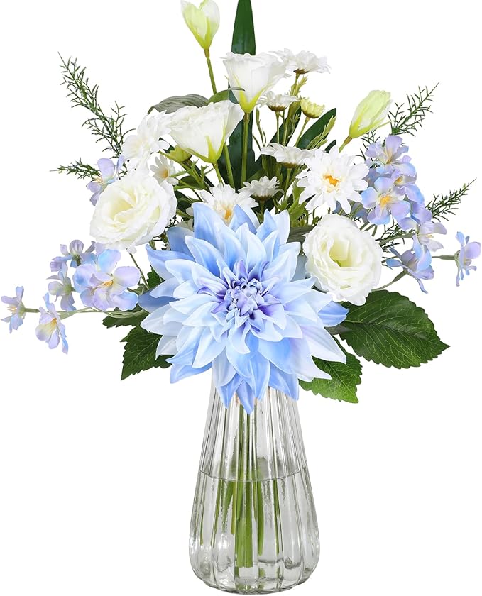 Artificial Flowers – Elegant Flower Bouquet, Faux Silk Dahlia & White Roses Floral Arrangement Fake Plant Decor for Home Indoor, Farmhouse kitchen Dining Decoration Wedding Table Centerpiece
