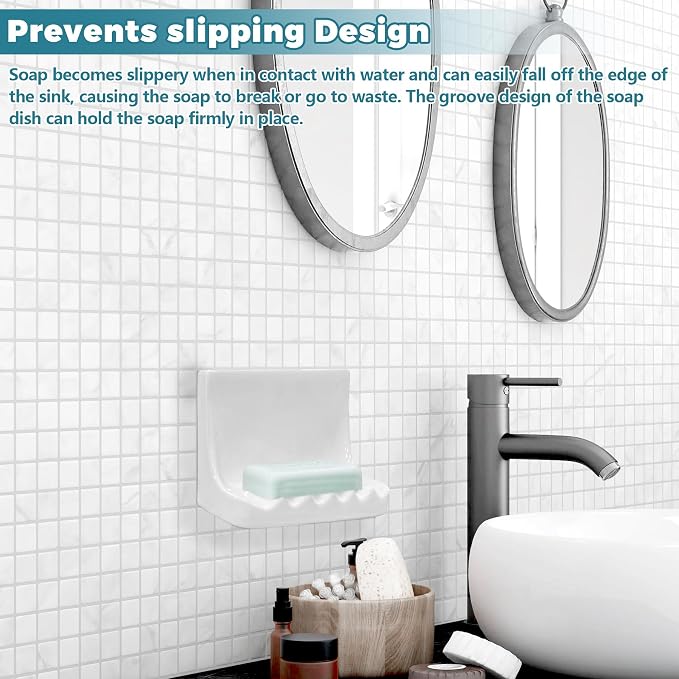 White Vintage Wall-Mounted Ceramic Soap Dish for Shower Wall Retro Ceramic Soap Holder Porcelain Soap Tray for Home Bathtub Bathroom Shower Accessories