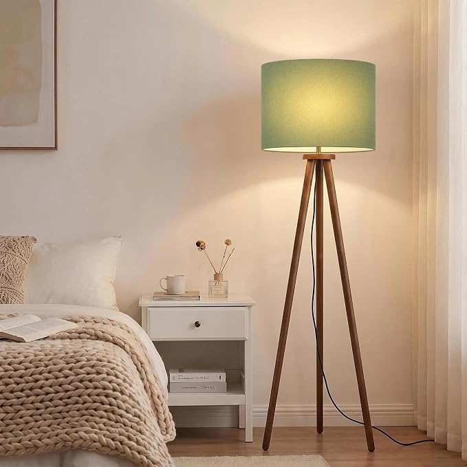 Buruis 60.6" Solid Wood Tripod Floor Lamp with 15.7" Large Linen Shade, Mid-Century Walnut Finish Standing Lamp for Living Room, Bedroom, Office, Corner, UL Listed, Bulb Not Included, Green