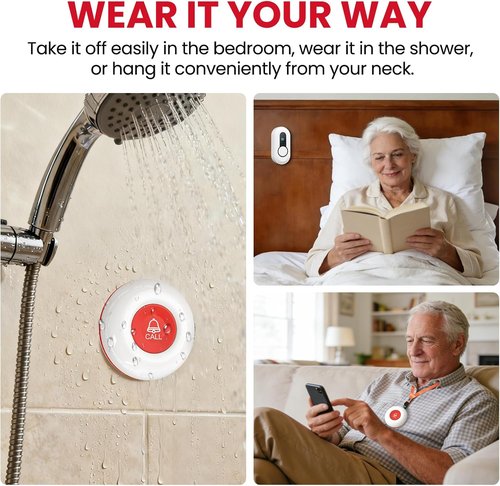 CallToU Wireless Caregiver Pager - Waterproof SOS Call Button for Elderly | 500ft Range Vibrating Receiver (2+2 Pack)