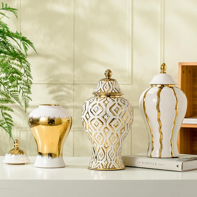 White and Gold Vase with Lid, Ginger Jars for Home Decor, Ceramic Flower Vase for Home, Kitchen, Bookshelf Decor, Storage jar, Table Center Vase, Centerpieces Jarrones(14.57in)