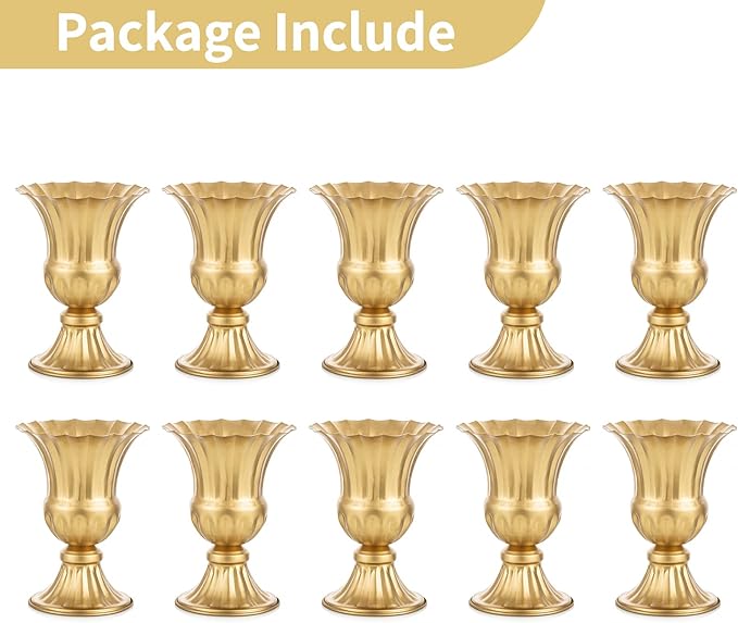 Nuptio Gold Vases for Centerpieces - 10 Pcs, 9in Height Metal Urn Planter Elegant Wedding Centerpieces for Tables - Trumpet Vase for Weddings and Party Decoration