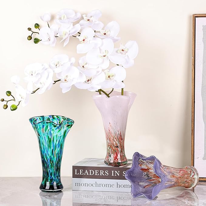 9.0" H Red Glass Vases for Flowers, Hand Blow Glass Vase Red Home Decor, Wide Mouth Blue Flower Vase Centerpieces, for Bookshelf,Dinner Table,Indoor Office Desktop,Meeting Room,Bathroom,Countertop