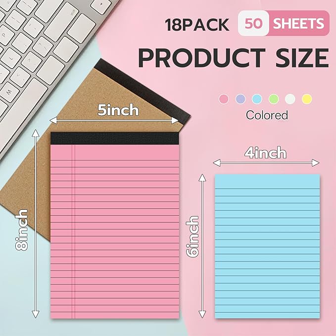 18 Pack Note Pads 5x8, Lined Sticky Notes 4x6 Color Small Notepad, 50 Sheets per Writing Pad, Perforated Legal Pads Bulk Narrow Ruled Writing Pad＆Self-Stick Note Pads for College Office Journal Work