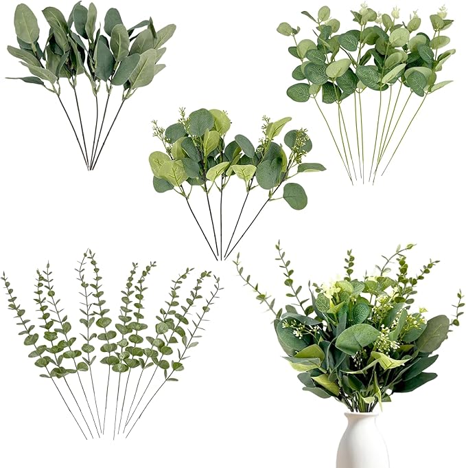 30 Pcs Eucalyptus Stems Bulk, 4 Kinds Mixed Artificial Silver Dollar Eucalyptus Greenery Branches for Wedding Centerpieces, Floral Arrangements, Vase Bouquet Home Decor
