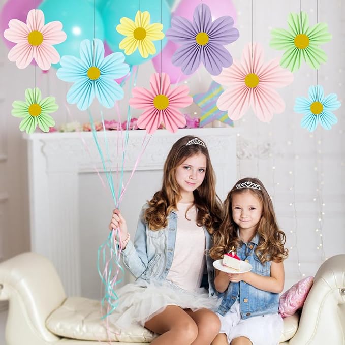 YUNXUAN Pastel Party Decorations Paper Fan Paper Flowers Decorations for Wall Flower Backdrop Classroom Baby Shower Birthday Flower Wall Decor Pack of 9 Rainbow