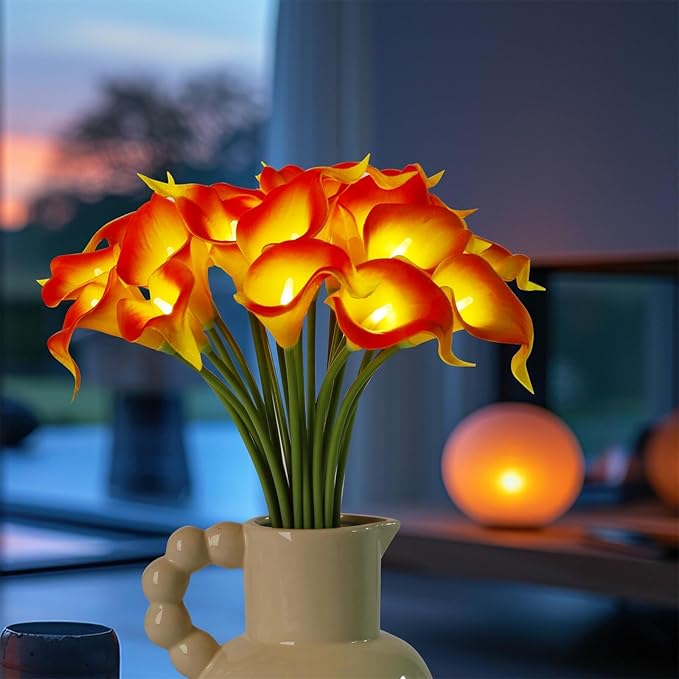 20pcs Lighted Artificial Calla Lily Bouquet Lamp Faux Floarl Night Light Real Touch Flower Night Lamp LED Calla Lily Artificial Flower Light for Christmas Gifts Home Kitchen Decor(Orange)