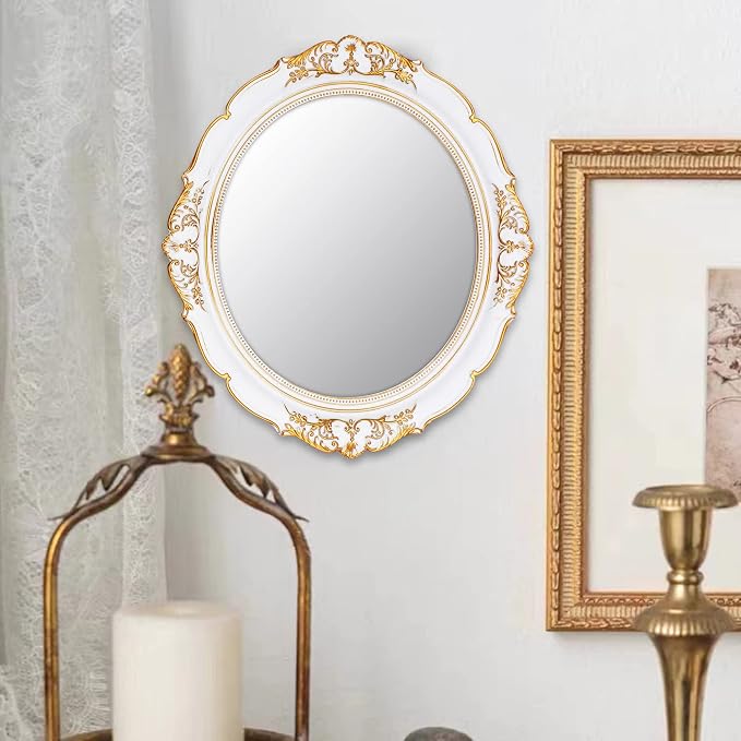 YCHMIR Vintage Decorative Wall Mirror 14.8 x 13.1 Inch Oval Mirror White