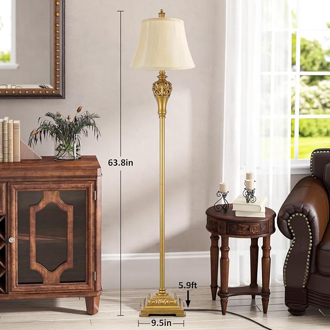 Sucolite Vintage Floor Lamp for Living Room, Traditional Farmhouse Tall Standing Lamp, Mid-Century Antique Pole Lamp for Bedroom Reading with Cream Faux Silk Lampshade, Rustic Lighting Home Decor