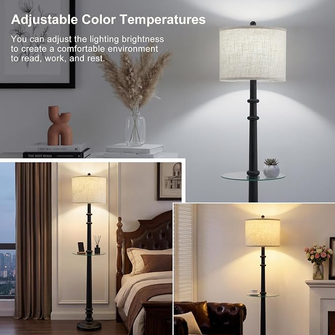 EJIAXIN Floor Lamp with Table - 60" Resin Farmhouse Floor Lamps for Living Room with Adjustable Color Temperatures - Vintage Standing Lamp Reading Light Retro Tall Lamp for Bedroom Office, Black