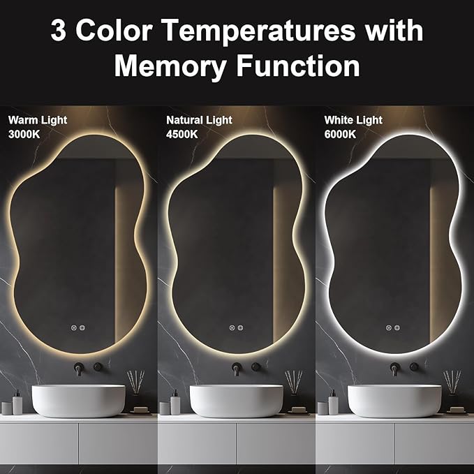 48"x30" Irregular LED Lighted Vanity Mirror for Bathroom, Backlit Only, Anti-Fog, 3-Color Dimmable Lighting, Wall Mount [Horizontal/Vertical]