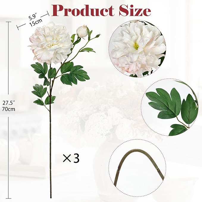 3Pcs White Peonies Artificial Flowers 27.5" Fake Flower Silk Flowers with Long Stem Floral Arrangements Bouquets Faux Peony Flowers for DIY Wedding Party Centerpieces Decor Home Office Decoration