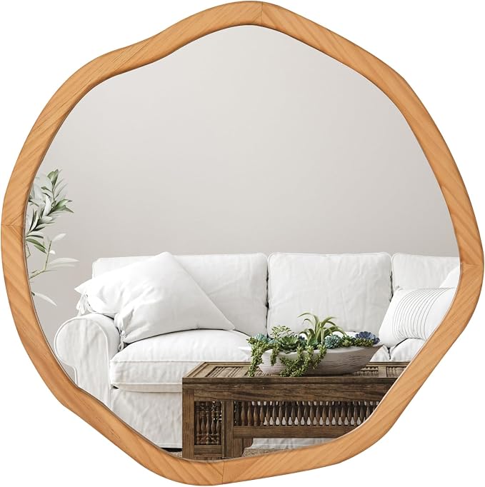 ULIKE Round Wood Mirror, 30 Inch Irregular Circle Vanity Wall Mirror with Wooden Frame, Rustic Decorative Wall Mount for Bathroom Bedroom Living Room Entryway, Natural