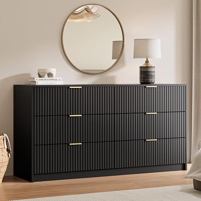 3-Piece Dresser Bedroom Set, 6 Drawer Dresser & 3 Drawer Nightstands with Gold Handles, Fluted Wood Chest of Drawers for Bedroom, Living Room, Entryway, Black
