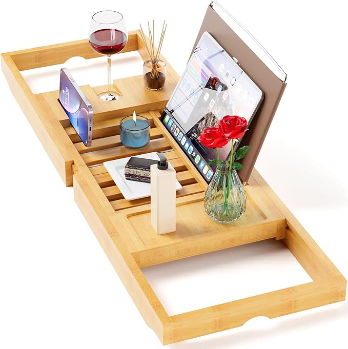 Premium Bathtub Tray Caddy, Expandable Bath Tray, Unique House Warming Gifts,Bamboo-New