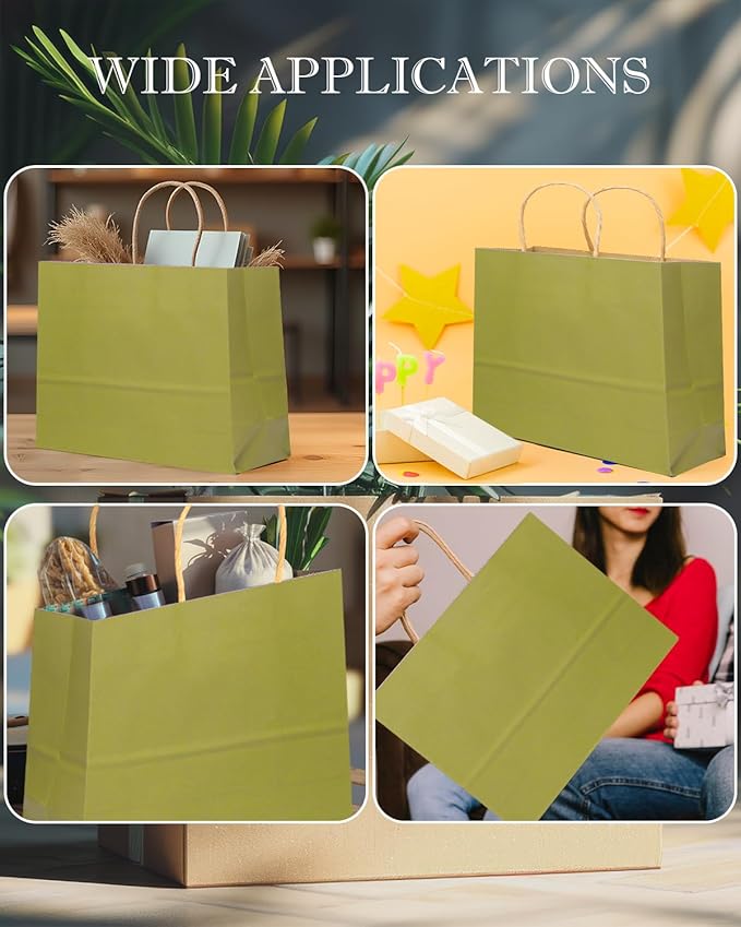 qiqee 13"x4.5"x10" Large Gift Bag with Handles Bulk 32PCS Gift Paper Bags Sage Green Bags Multiple Uses (Wide Large)
