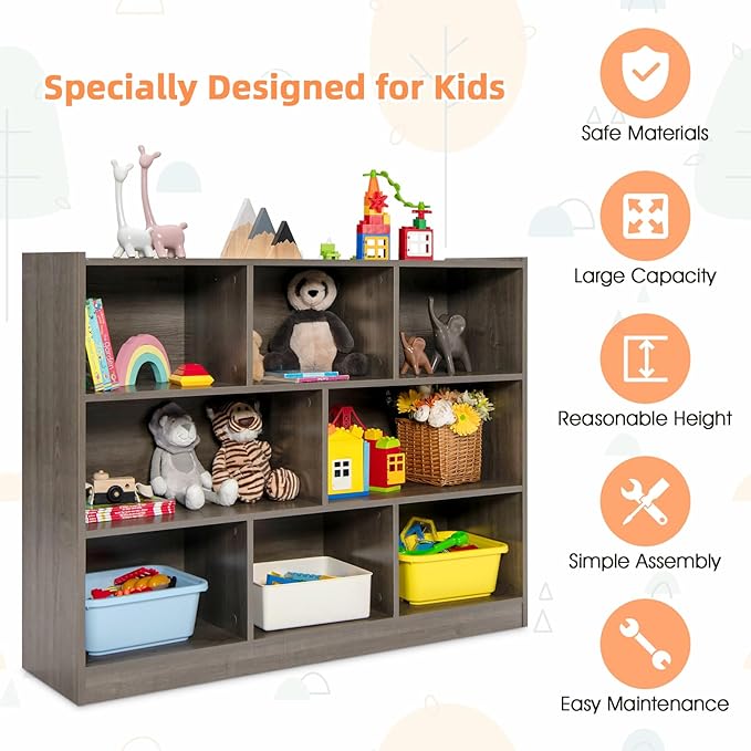 Costzon 3-Shelf Bookcase for Kids, Wooden Toy Storage Organizer for Books Toys, 8-Section Freestanding Classroom Daycare Montessori Bookshelf for Preschool, Home Playroom & Kindergarten (Grey)