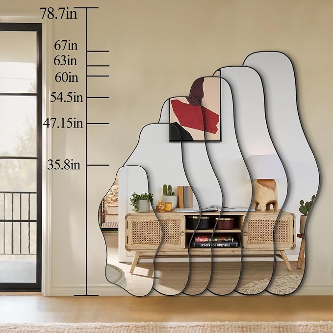Irregular Frameless Mirror, 35.8"x17.7" Asymmetrical Tempered Glass Mirror, Modern Organic Shaped Wall Mirrors for Entryway Bedroom Living Room Bathroom, Horizontal or Vertical Hanging