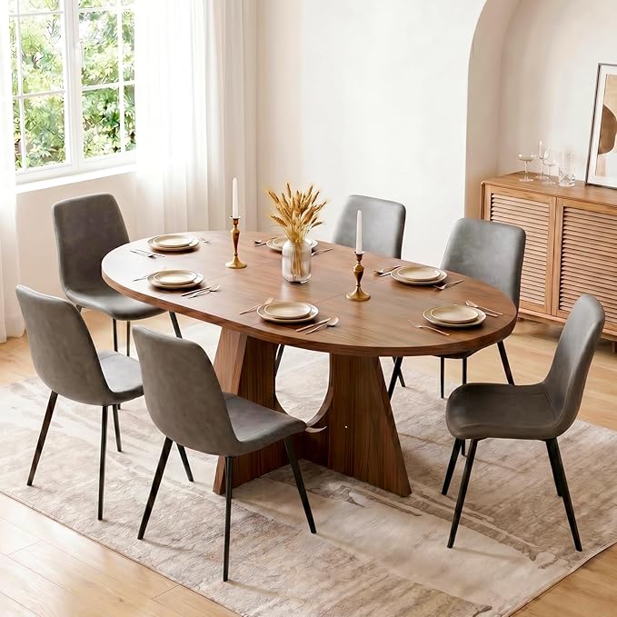 HIPIHOM Modern Round Expandable Dining Table Set for 6, 43.3"-59" Walnut Kitchen Table with 6 PU Leather Chairs, 7-Piece Mid-Century Dining Room Set