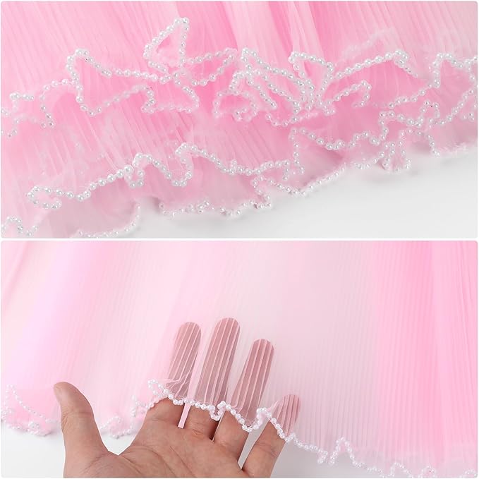 KIMOBER 4.3 Yards Pink Flower Wrapping Mesh Paper,Pearl Edge Wrinkled Wavy Net Yarn Flower Wrapping Mesh Paper for Valentine's Day Mother's Day Wedding Florist Supplies(Pink)