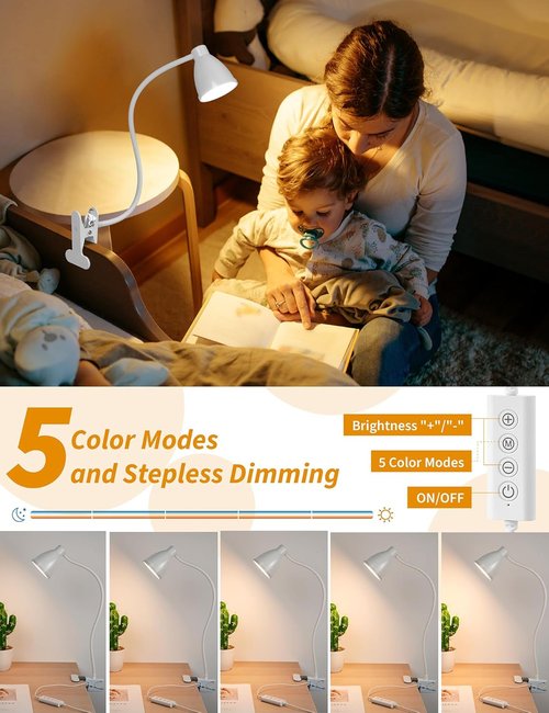BOHON Clamp Lamp - 5 Color Modes & 10 Brightness Levels - 10W 38 LED Desk Light with Flexible Gooseneck - White