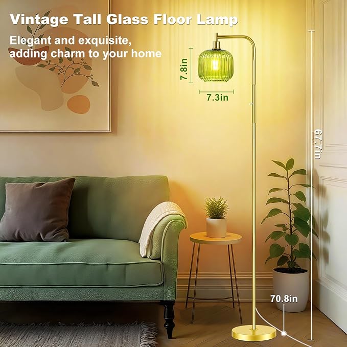 Dimmable Gold Floor Lamp with Ribbed Shade, Vintage Green Standing Lamp dimmable with Solid Base, Arc Floor Lamps Glass for Living Room, Bedroom, Office, Decorative Tall Corner Lamps Gift Use