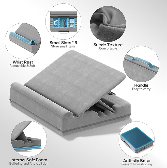Heyife Laptop Desk for Lap with Cushion, Computer Lap Desk Laptop Pillow for Couch, Bed, Car, Adjustable Computer Pillow Stand As Carrying Case for up to 15'' PC/Mac, Tablet, iPad, Kindle, Gray