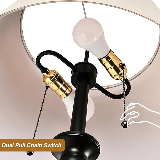 2-Light Floor Lamp for living room, 66.5'' Rustic Farmhouse Pole Lamp with Double Pull Chain, Mid Century Vintage Tall Standing Lamp for Bedroom Home Decor(3 Color Temperatures Bulb Included), Black