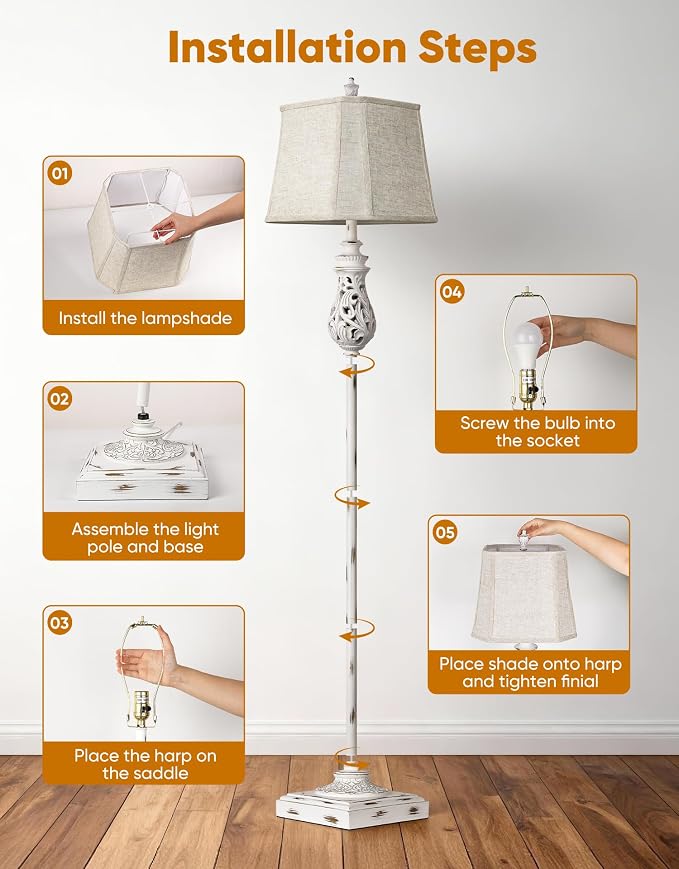 PARTPHONER 64'' Vintage Floor Lamp with Nightlight, Rustic Farmhouse Tall Standing Lamp with Rotary Switch and Beige Linen Shade for Living Room, Corner, Bedroom, House Decor, White (Bulb Included)