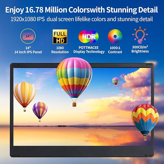 POTTMACEE 14.2" Laptop Screen Extender, 0.17" Ultra-Thin FHD 1080P IPS Portable Monitor for Laptop, Dual Screen Travel Monitor Extender, Plug-Play for Windows/Mac/Chrome, Fit 13”-17.3” Laptops