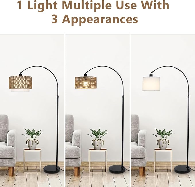 eyassi Arc Floor Lamp with Remote, Modern LED Floor Lamp with Dimmable Bulb, Boho Farmhouse Standing lamp with Fabric & Rattan Lampshades, Height Adjustable Black Tall Lamp for Living Room Bedroom