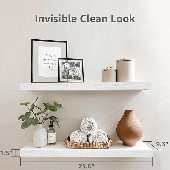 QEEIG Floating Shelves for Wall 23.6" Long - Wall Mounted Shelf Bathroom Kitchen Living Room Bedroom Farmhouse Home Decor Display Bookshelf Large 23.6 x 9.3 inch Set of 2, White (008-60W)
