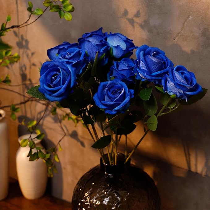 12 Pcs Artificial Rose Flowers, Silk Roses with Long Stems, Realistic Fake Roses for Wedding Centerpiece Party Home and Office DIY Decor, Blue