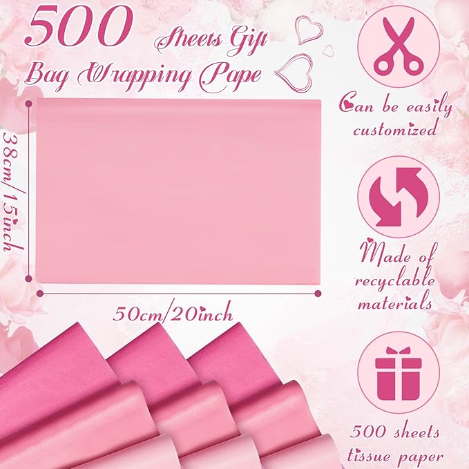 Qilery 500 Sheets Pink Tissue Paper Bulk for Gift Bags 15 x 20 Inch Acid Free Christmas Packaging Wrapping Paper Sheets for Valentine's Day Wedding Decoration DIY Flowers, Pom Poms Crafts Supplies