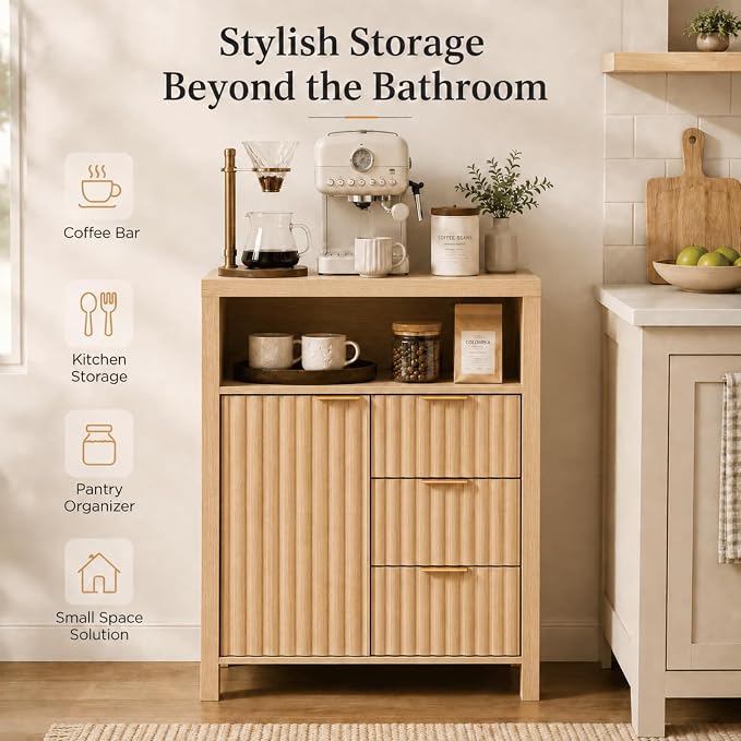 VINGLI Bathroom Storage Cabinet with 3 Drawers & Door, Slim Freestanding Floor Cabinet Organizer for Small Spaces, 30mm Thick-Look Top & Legs, Adjustable Shelf, Modern Fluted Cabinet, Natural Oak