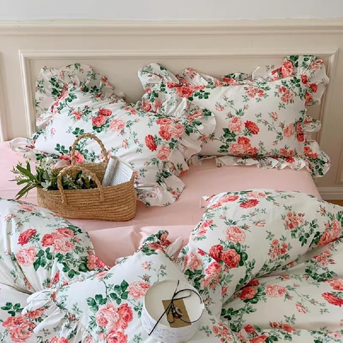 LifeTB Pink Flower Ruffle Comforter Set Full Size Vintage Floral Botanical Comforter Romantic Ruffle Lace Cottagecore Bedding Set Lightweight Fluffy Aesthetic Flowers Comforter Set with 2 Pillowcases