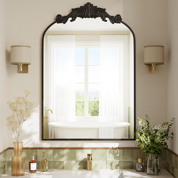 VooBang Vintage Arched Bathroom Mirror, 24x36 Inch Retro Wall Mounted Vanity Mirror with Carved Pattern Top and Metal Frame, Black Decorative Mirror for Hanging or Leaning