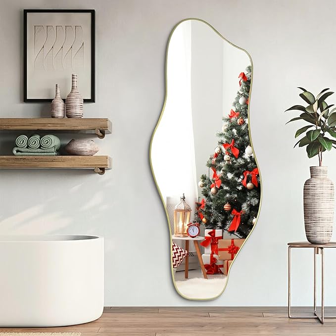 Irregular Wall Mirror, 60"x24" Large Asymmetrical Tempered Glass Mirror, Gold Modern Organic Frameless Mirrors for Entryway Hallway Bedroom Living Room, Horizontal or Vertical Hanging