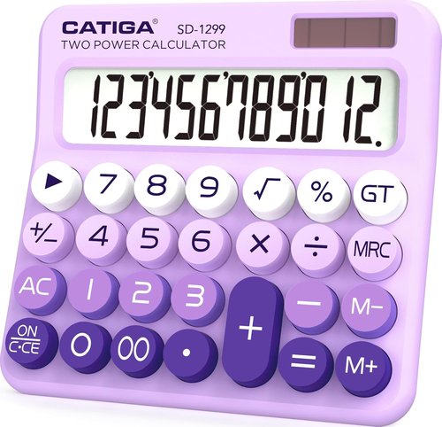 CATIGA Mechanical Switch Calculator - Solar & Battery Dual Power, 12-Digit LCD Display, Cute Design for Home & Office Use