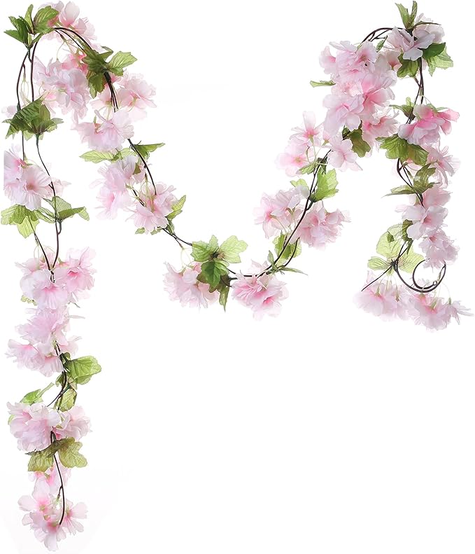 2Pcs Artificial Cherry Blossom Flower Garland Silk Fake Hanging Flower Vines for Home Wedding Decoration 7.2FT, Light Pink