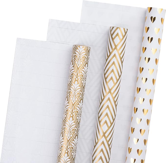 LeZakaa Gold Wrapping Paper Roll, Luxury Metallic Gift Wrap with Heart, Geometric & Floral Pattern for Wedding, Birthday, Anniversary, Bridal Shower, Christmas, Valentines, 17 x 120 inches, 3Rolls