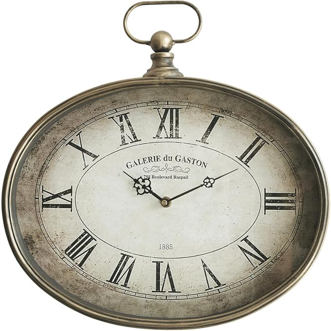 Vintage Decorative Wall Clock - 16 inch, Distressed Gold, Oval Pocket Watch Design, Roman Numerals, Battery Operated, Large Antique Style for Living Room, Kitchen, Bedroom Decor