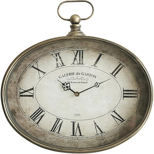 Vintage Decorative Wall Clock - 16 inch, Distressed Gold, Oval Pocket Watch Design, Roman Numerals, Battery Operated, Large Antique Style for Living Room, Kitchen, Bedroom Decor