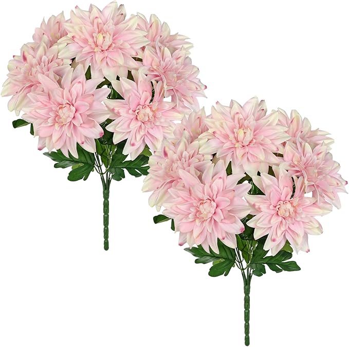 Hollyone 2Pcs Pink Artificial Dahlia Flowers Bush 7 Heads Silk Fake Dahlias Flowers with Stems Wedding Bouquets Faux Dahlia Flowers Arrangements for Outdoor Indoor DIY Table Centerpieces Home Decor
