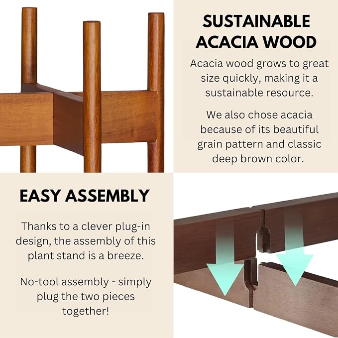 Fox & Fern Mid Century Plant Stand — 8 Inch Fixed Size Wooden Plant Stand for Indoor Planters (Not Included) - Raised Flower Pot Holder for Indoors - Plug In Design - Two Height Options - Acacia