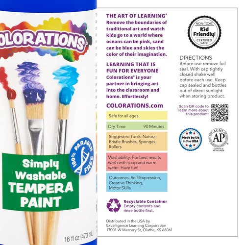 Colorations Washable Tempera Paint for Kids - Non-Toxic 8 Ounce Bottles, Set of 6 Primary Colors