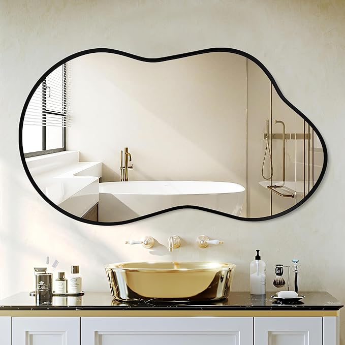 Dorlicecass Irregular Wall Mirror - Wall Mirrors Decorative 24"x36" Black Asymmetrical Mirror Tempered Glass Aviation Aluminum Alloy Frame for Bathroom, Bedroom, Living Room, Cloakroom, Entryway