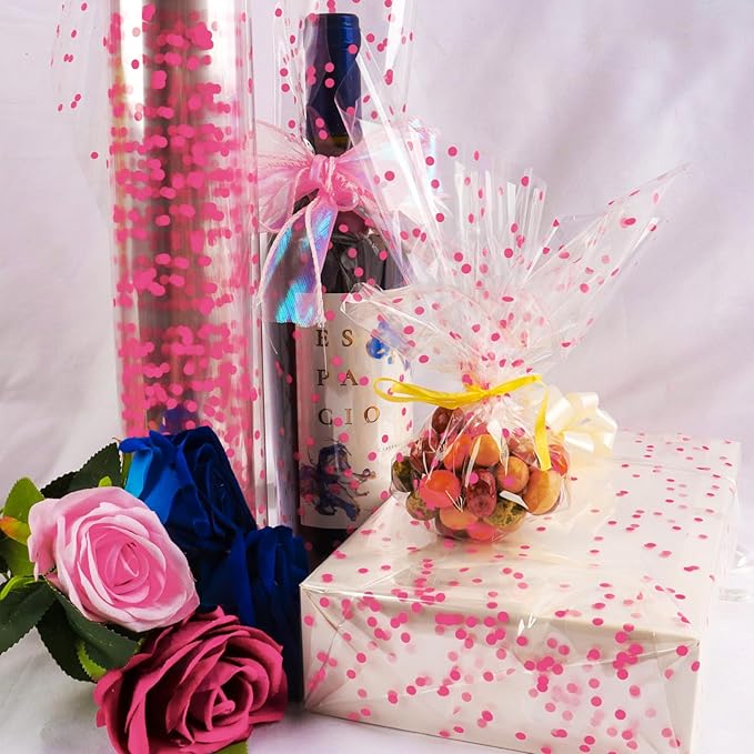 CMFYHM 34in x 100ft Clear Cellophane Wrap Roll (Pink Polka Dot),Transparent Cellophane Wrap Roll for Treats, Gifts, Baskets, Flowers, Birthday Party,Easter, Christmas Decorations